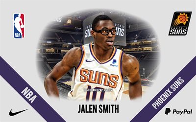 Jalen Smith, Phoenix Suns, jogador americano de basquete, NBA, retrato, EUA, basquete, Phoenix Suns Arena, logotipo do Phoenix Suns