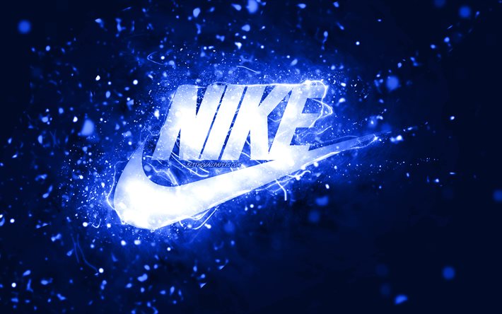 Nike dark blue logo, 4k, dark blue neon lights, creative, dark blue abstract background, Nike logo, fashion brands, Nike