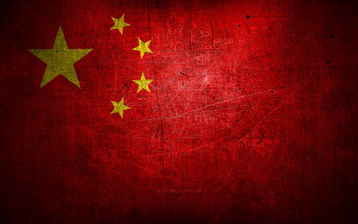Kinesisk metallflagga, grungekonst, asiatiska l&#228;nder, Kinas dag, nationella symboler, Kinas flagga, metallflaggor, Asien, kinesiska flaggan, Kina