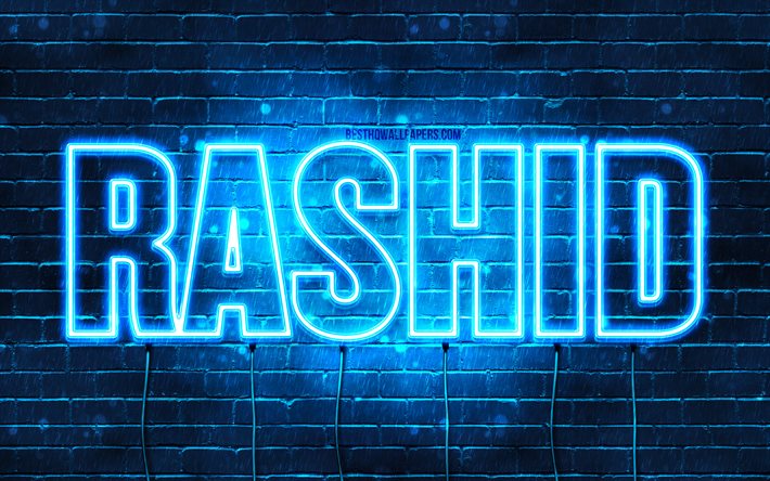 Rashid, 4k, wallpapers with names, Rashid name, blue neon lights, Happy Birthday Rashid, popular arabic male names, picture with Rashid name