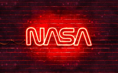 Logo rosso della NASA, 4k, muro di mattoni rossi, logo della NASA, marchi di moda, logo neon della NASA, NASA