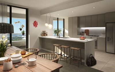 design elegante della cucina, interni moderni, colori grigi in cucina, progetto di cucina, soggiorno, design d&#39;interni moderno