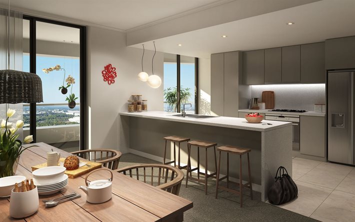 design elegante della cucina, interni moderni, colori grigi in cucina, progetto di cucina, soggiorno, design d'interni moderno
