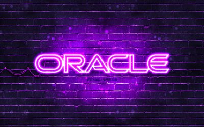 Oracle menekşe logosu, 4k, menekşe tuğla duvar, Oracle logosu, markalar, Oracle neon logosu, Oracle