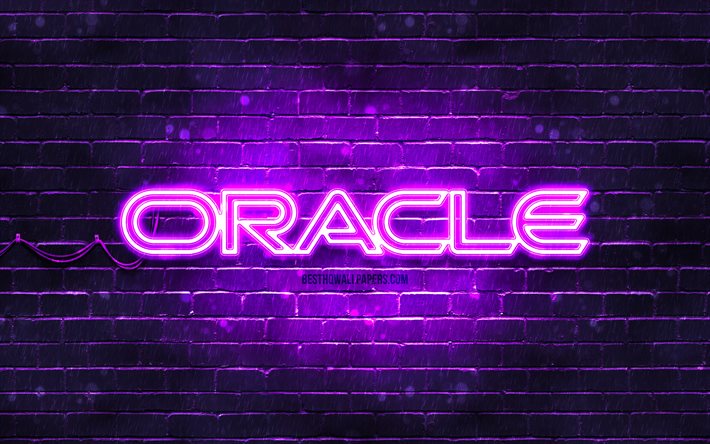 Oracle violet logotyp, 4k, violett brickwall, Oracle logo, m&#228;rken, Oracle neon logo, Oracle