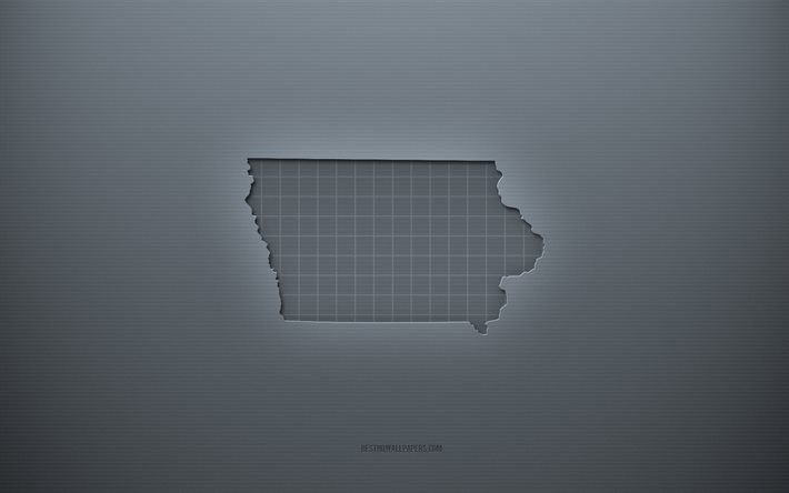 خريطة ولاية ايوا, الخلفية الرمادية الإبداعية, إيووا, الولايات المتحدة الأمريكية, نسيج ورقة رمادية, الولايات الأمريكية, ولاية ايوا صورة ظلية خريطة, خلفية رمادية, آيوا خريطة 3D