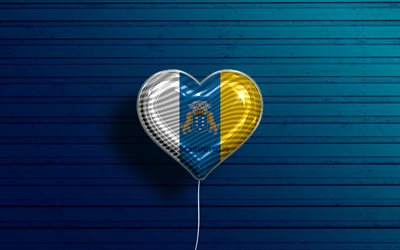 I Love Canary Islands, 4k, realistic balloons, blue wooden background, Day of Canary Islands, Communities of Spain, flag of Canary Islands, Spain, balloon with flag, spanish communities, Canary Islands flag, Canary Islands