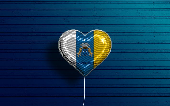 I Love Canary Islands, 4k, realistic balloons, blue wooden background, Day of Canary Islands, Communities of Spain, flag of Canary Islands, Spain, balloon with flag, spanish communities, Canary Islands flag, Canary Islands