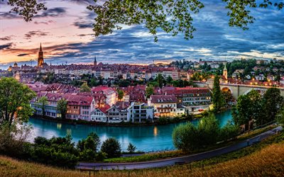 Berne, 4k, villes suisses, rivi&#232;re Aar, coucher de soleil, paysages urbains d&#39;horizon, Suisse, Europe, HDR