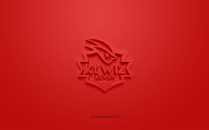 KT Wiz Suwon, yaratıcı 3D logo, kırmızı arka plan, KBO Ligi, 3d amblem, G&#252;ney Kore beyzbol Kul&#252;b&#252;, Suwon, G&#252;ney Kore, 3d sanat, beyzbol, KT Wiz Suwon 3d logo