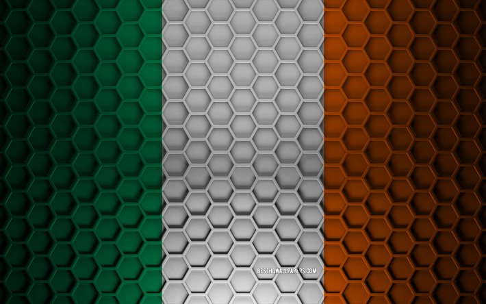 Bandiera dell&#39;Irlanda, trama di esagoni 3d, Irlanda, trama 3d, bandiera dell&#39;Irlanda 3d, trama metallica, bandiera dell&#39;Irlanda