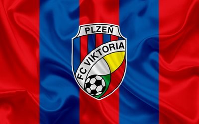 FC Viktoria Plzen, Football club, Pilsen, Czech Republic, emblem, Viktoria logo, blue red silk flag, Czech football championship