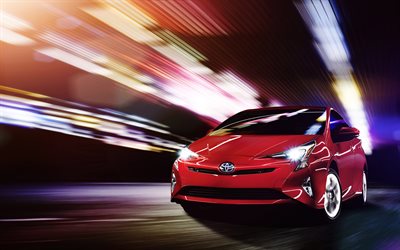 Toyota Prius Hybrid, 2017 arabalar, gece, yol, kırmızı Prius, Japon arabaları, Toyota