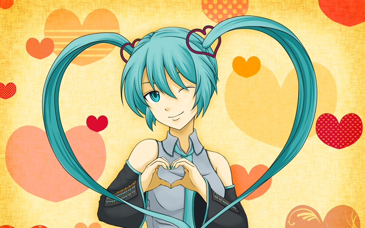 Hatsune Miku, le cœur, les cheveux verts, 4k, du manga, de Vocaloid