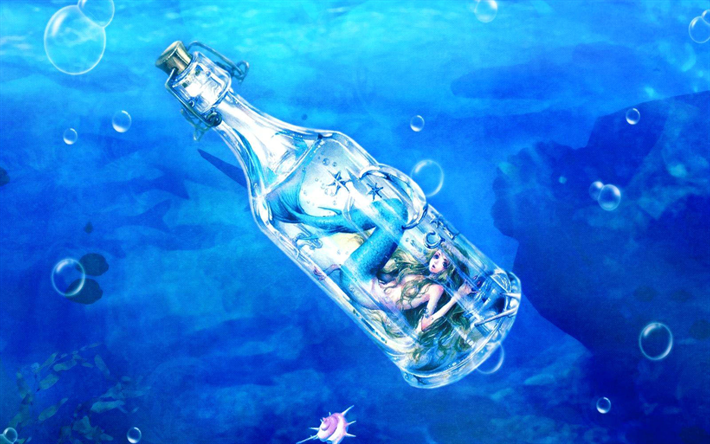 mermaid, underwater, bottle, sea