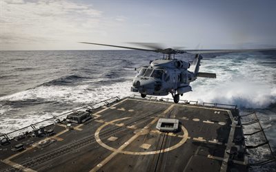 U&#231;ak gemisi &#252;zerinde Sikorsky SH-60 Seahawk, MH-60R Sea Hawk helikopter, Amerikan &#231;ok ama&#231;lı helikopter, askeri havacılık, ABD Deniz Kuvvetleri, iniş