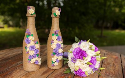 結婚, ブライダルブーケ, 結婚式の飾り, シャンパンボトル, ボトルの装飾, 結婚式の花束, バラ