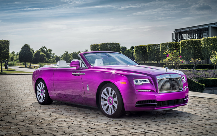 4k, Rolls-Royce de l&#39;Aube, 2017 voitures, Fuxia couleur, rose Rolls-Royce, voitures de luxe, Rolls-Royce