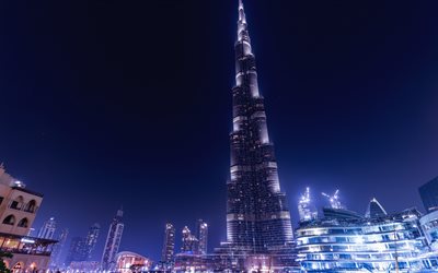 4k, Burj Khalifa, skyskrapor, natt, Dubai, F&#246;renade ARABEMIRATEN
