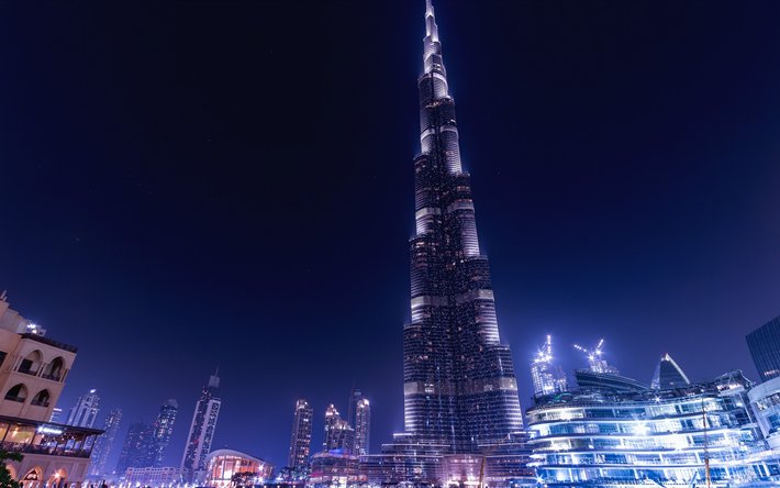 4k, il Burj Khalifa, grattacieli, paesaggi notturni, Dubai, EMIRATI arabi uniti