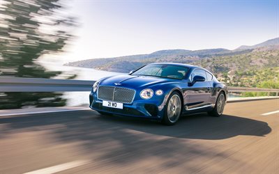 Bentley Continental GT, 2018, luxurious blue coupe, British cars, road, speed, Bentley