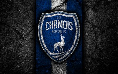 4k, Chamois Niortais FC, logo, Ligue 2, football, black stone, France, soccer, football club, Liga 2, Chamois Niortais, asphalt texture, french football club, FC Chamois Niortais