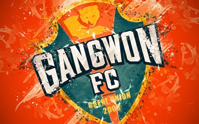 Gangwon FC, 4k, pintura, arte, logotipo, creativo, corea del Sur equipo de f&#250;tbol, K de la Liga 1, emblema, color naranja de fondo, estilo grunge, Gangwon-do, Corea del Sur, el f&#250;tbol