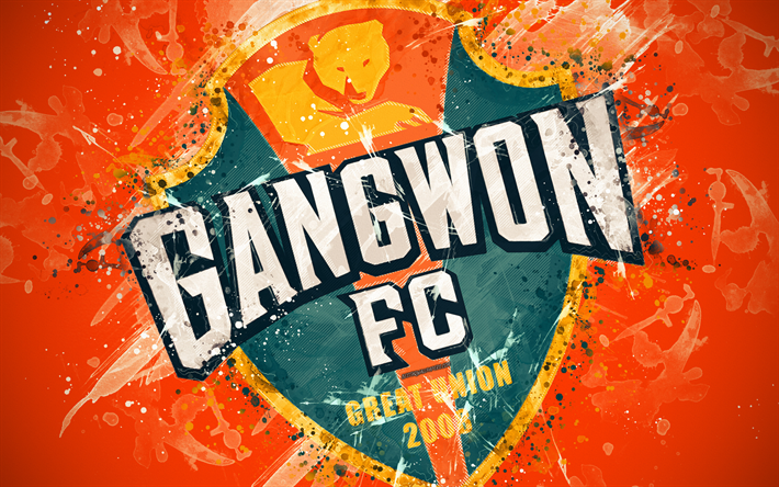 Gangwon FC, 4k, a arte de pintura, logo, criativo, Sul-coreano de time de futebol, K League 1, emblema, fundo laranja, o estilo grunge, Gangwon-do, Coreia Do Sul, futebol