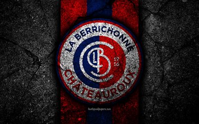 4k, Berrichonne Chateauroux FC, logo, Ligue 2, football, black stone, France, soccer, football club, Liga 2, Berrichonne Chateauroux, asphalt texture, french football club, FC Berrichonne Chateauroux