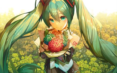 Hatsune Miku, flores, verano, Vocaloid, Miku Hatsune, manga