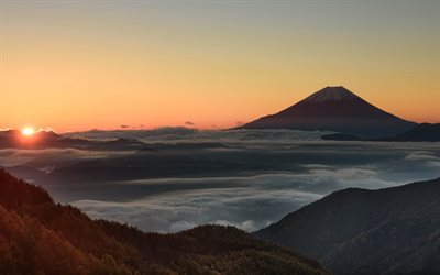 Fujiyama, Honshu Island, akşam, G&#252;n batımı, bulutlar, dağ manzarası, Volkan, Japonya