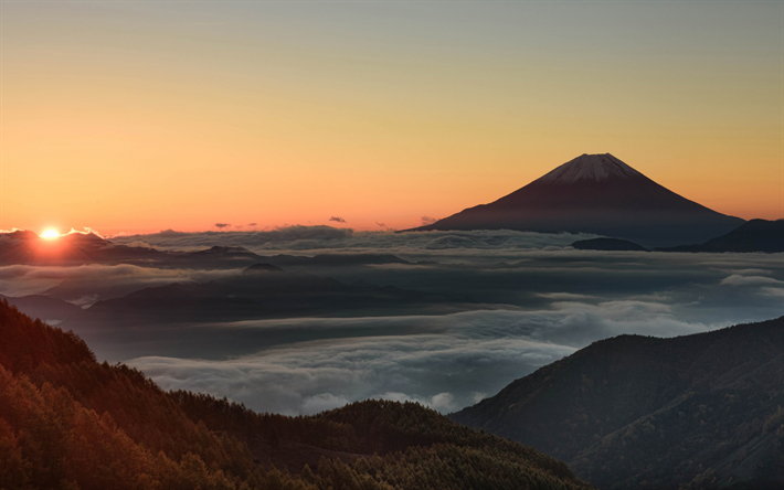 Fujiyama, Isla Honshu, tarde, puesta de sol, nubes, paisaje de monta&#241;a, volc&#225;n, Jap&#243;n
