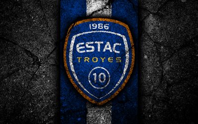 2 FC, logo, İzle, 4k, futbol, siyah taş, Fransa, futbol kul&#252;b&#252;, 2 Lig, Troyes, asfalt doku, Fransız Futbol Kul&#252;b&#252; FC Troyes Troyes