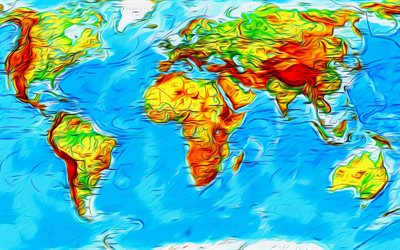 Maailman kartta, maalit, Maan, valtameret, mantereella, luova maailma kartta, k&#228;sitteit&#228;