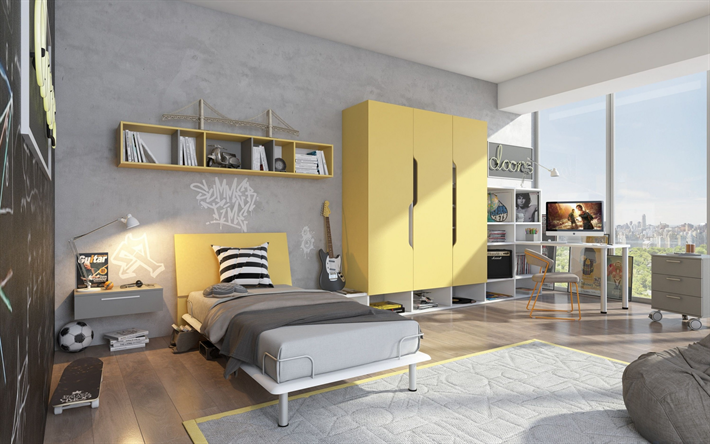 design elegante, camera per bambini, giallo-grigio interni eleganti, moderne, di design, progetto