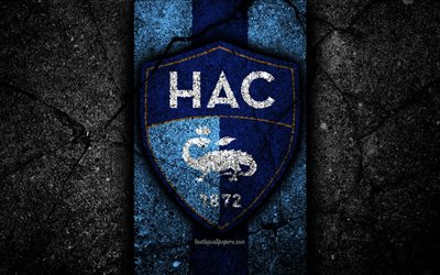 4k, Havre FC, logo, Ligue 2, football, black stone, France, soccer, football club, Liga 2, Havre, asphalt texture, french football club, FC Havre