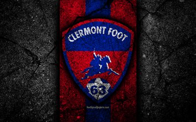 4k, Clermont Foot FC, logo, Ligue 2, football, black stone, France, soccer, football club, Liga 2, Clermont Foot, asphalt texture, french football club, FC Clermont Foot