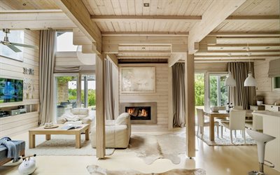 interni dal design moderno, casa di campagna, la decorazione delle pareti con pannelli di legno, soffitto con pannelli di legno, un soggiorno, un interno elegante