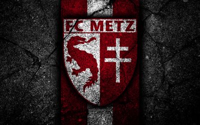 4k, Metz FC, logo, Ligue 2, football, black stone, France, soccer, football club, Liga 2, Metz, asphalt texture, french football club, FC Metz