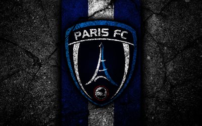 4k, Paris FC, logo, Ligue 2, football, black stone, France, soccer, football club, Liga 2, Paris, asphalt texture, french football club, FC Paris