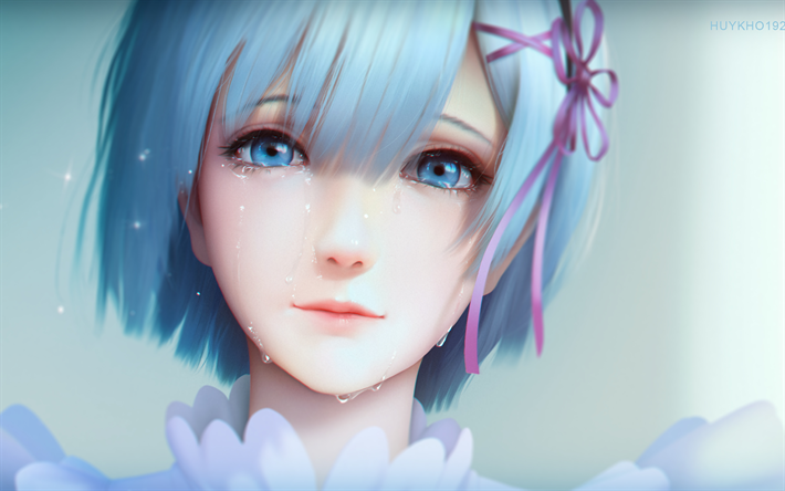 Rem, 4k, close-up, portrait, manga, blue hair, Re Zero