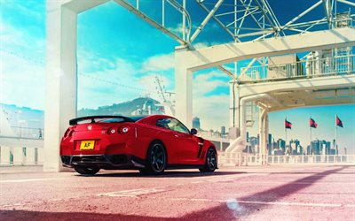 4k, la Nissan GT-R, supercars, port, 2018 voitures, la posture, rouge GT-R R35, tuning, voitures japonaises, Nissan