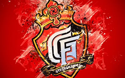 Geongnam FC, 4k, pintura, arte, logotipo, creativo, corea del Sur equipo de f&#250;tbol, K de la Liga 1, el emblema, fondo rojo, estilo grunge, Changwon, Corea del Sur, el f&#250;tbol