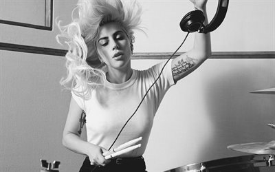 Lady Gaga, fotoğraf &#231;ekimi, portre, Amerikalı şarkıcı, siyah beyaz, ABD, star, Stefani Joanne Angelina Germanotta