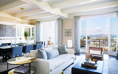 stylish living room interior, luxury villa, seascape, kitchen, dining room, modern interior