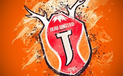 Jeju United FC, 4k, paint art, logo, creative, South Korean football team, K League 1, emblem, orange background, grunge style, Jeju, South Korea, football