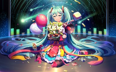 Hatsune Miku, 4k, regalos, Cumplea&#241;os Feliz, Vocaloid, Miku Hatsune, la Fiesta de Cumplea&#241;os