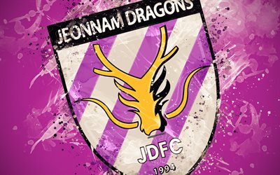 Jeonnam Dragons FC, 4k, paint art, logo, creative, South Korean football team, K League 1, emblem, purple background, grunge style, Gwangyang, South Korea, football