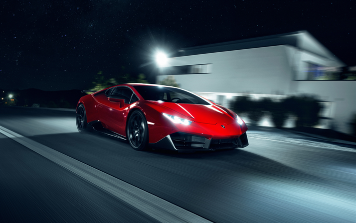Lamborghini Huracan, LP 580-2, red sports coupe, night, road, tuning, Novitec Torado, red Huracan, Italian sports cars, Lamborghini