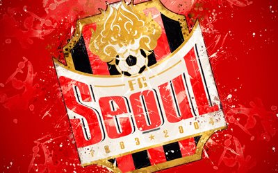 O FC Seoul, 4k, a arte de pintura, logo, criativo, Sul-coreano de time de futebol, K League 1, emblema, fundo vermelho, o estilo grunge, Seul, Coreia Do Sul, futebol